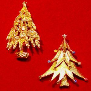 Lot of 2 Festive Vintage Christmas Tree Brooches. One is signed JJ Jonette.